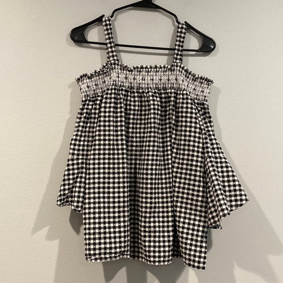 Rafaella Black and White Checkered Plaid Off-Shoulder Blouse - Size Large - Picture 1 of 8